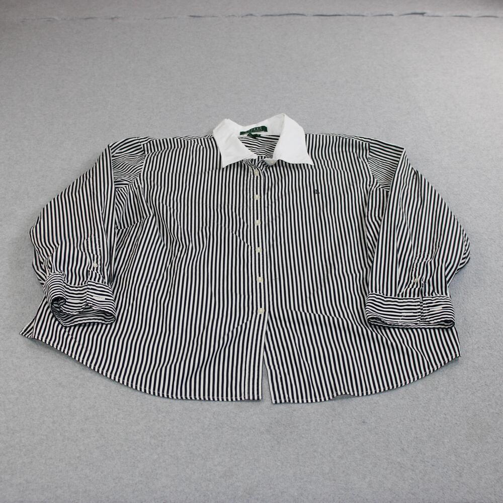Lauren Ralph Shirt Women 3X Black Stripe Button White Collar Cotton Wrinkle Free